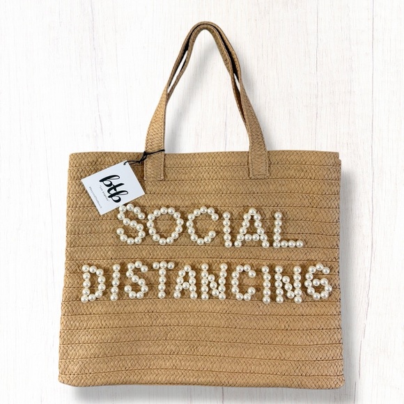 NWT Beyond the Beach Social Distancing Straw Tote Pearl Embellished Bag